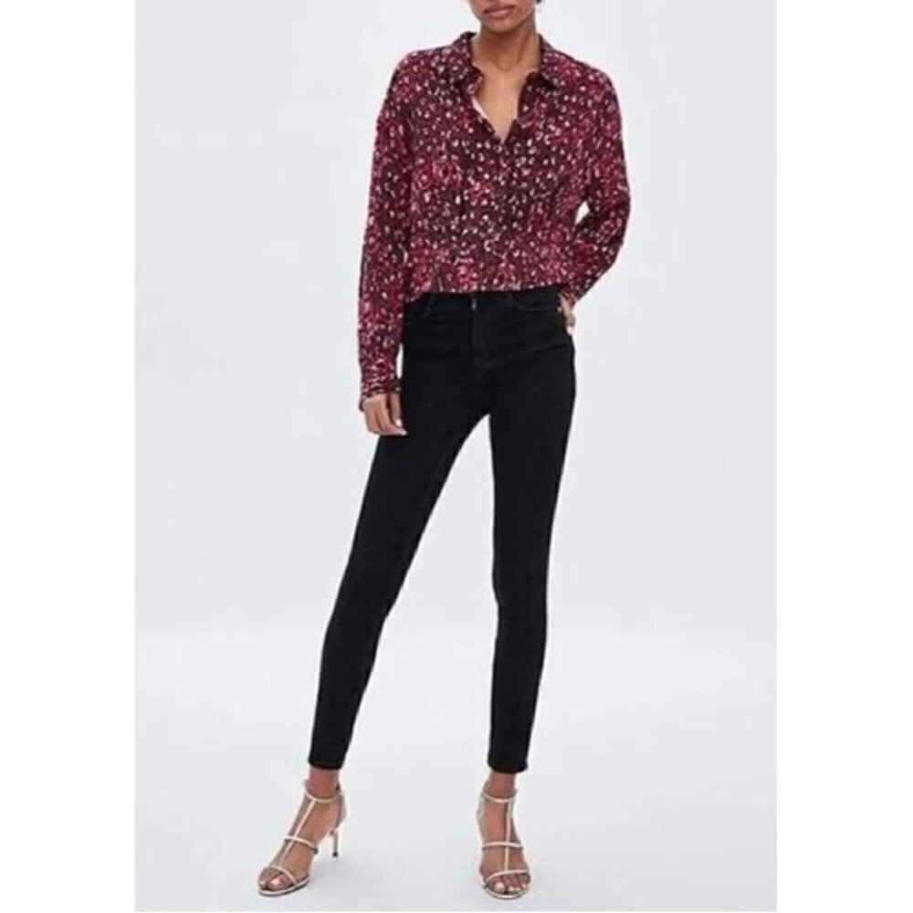 Zara TRF Top Womens Medium Animal Leopard Print Cropped Button Up Boho Festival